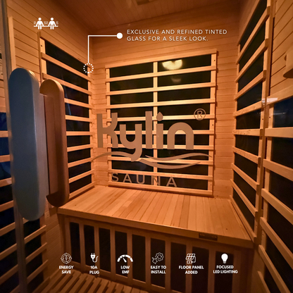 Infrared sauna with Kylin Sauna branding and features listed on the wall.