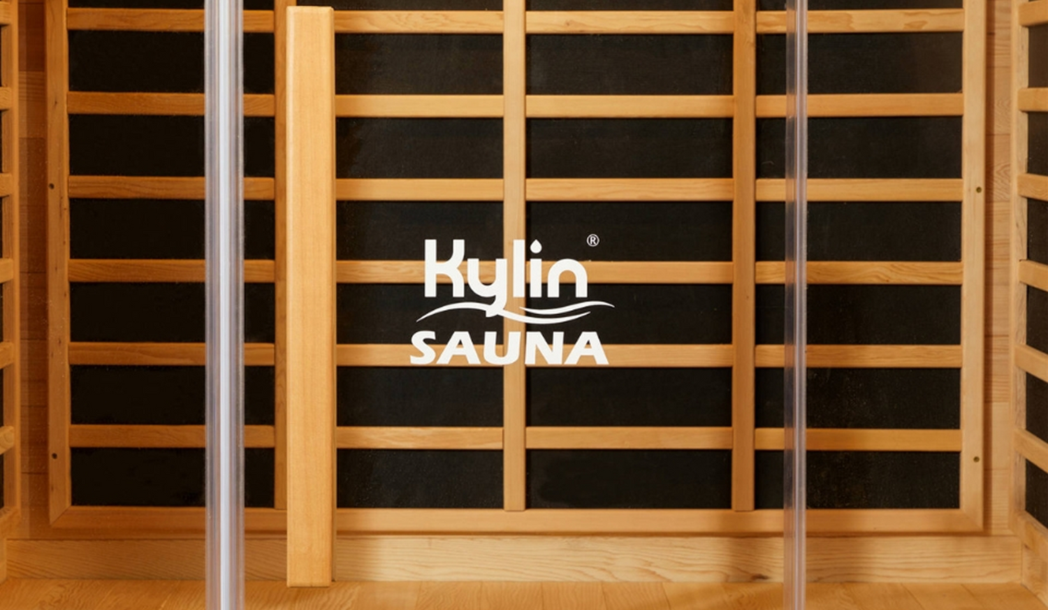 Wooden sauna interior with 'Kylin Sauna' logo displayed