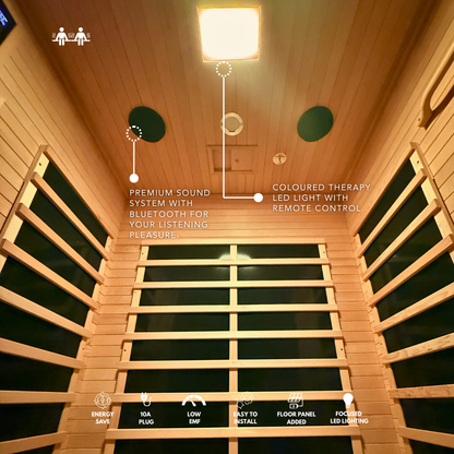 Infrared sauna interior with wooden panels, LED light, and sound system controls.