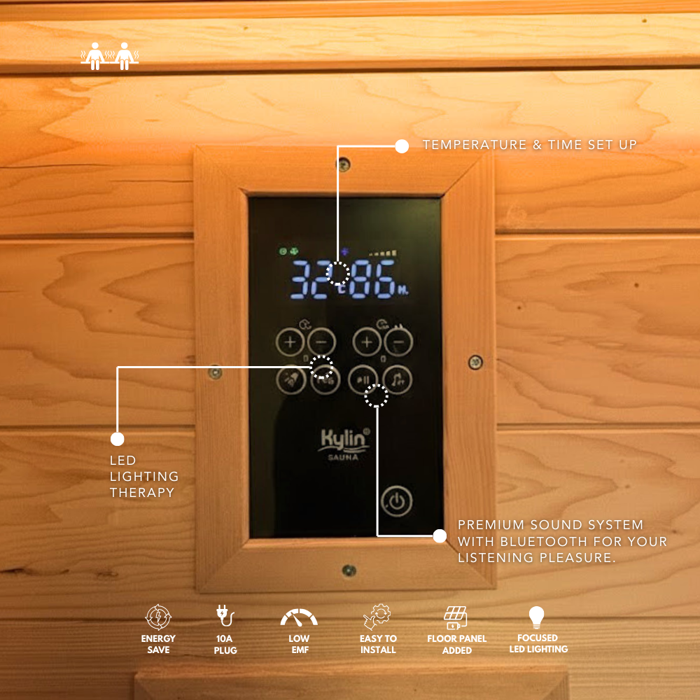 Control panel for a sauna with digital display and various features highlighted on a wooden background.