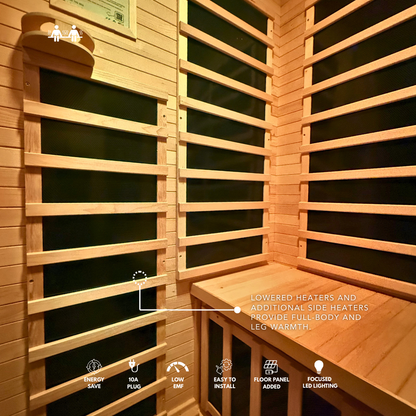 Wooden sauna interior with features highlighted on a black background