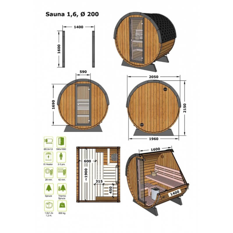 GARDEN HOUSE 24 Barrel Sauna LEO Classic 2 x 1.6 m Australian-Made dimensions
