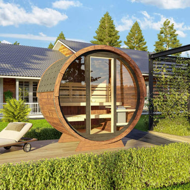 GARDEN HOUSE 24 Barrel Sauna LEO With Full Moon Glass 2 x 1.6 m Australian-Made in garden
