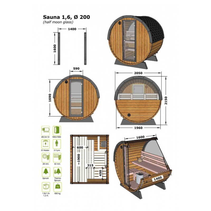 GARDEN HOUSE 24 Barrel Sauna LEO with Half Moon Glass 2 x 1.6 m Australian-Made dimensions