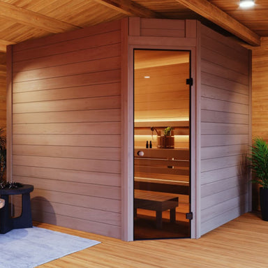 GARDEN HOUSE 24 Indoor Sauna 44 C with a Corner Design 2.5 x 2.2 m Australian-Made in room