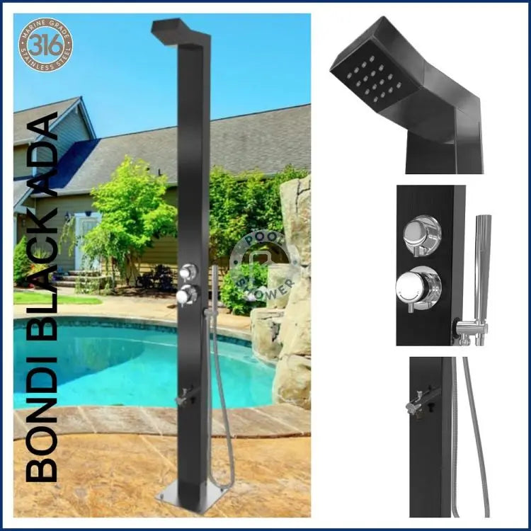 POOL SHOWER Bondi Silver or Black ADA 316 Marine Grade Stainless Steel Outdoor Pool Shower black