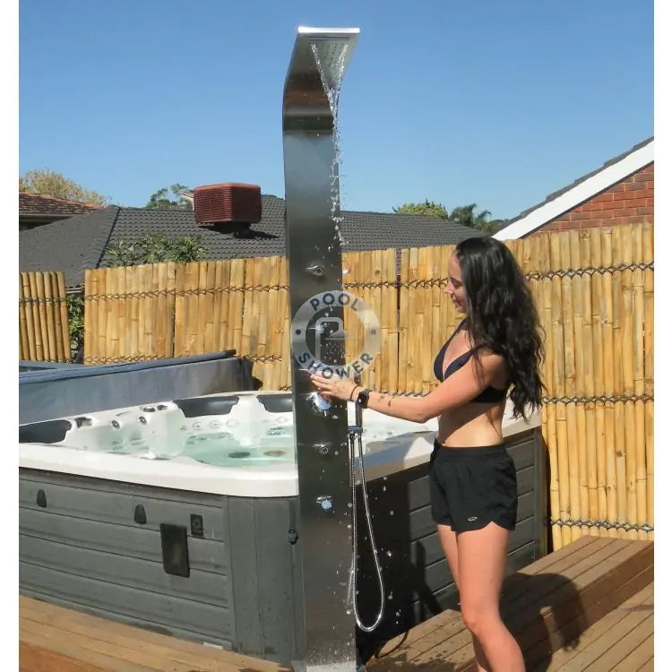 POOL SHOWER Brighton Silver or Black 316 Stainless Steel Marine Grade Outdoor Indoor Massage Pool Shower silver girl using