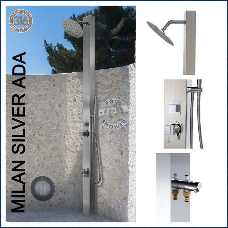 POOL SHOWER Milan Silver ADA 316 Marine Grade Stainless Steel Outdoor Indoor Pool Shower