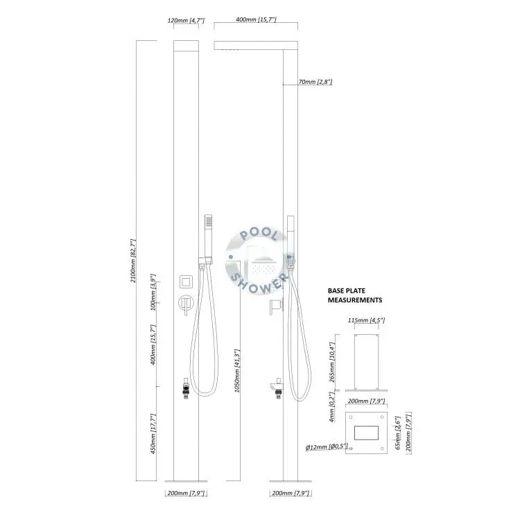 POOL SHOWER Windsor Silver or Black ADA 316 Marine Grade Stainless Steel Outdoor Pool Shower dimensions